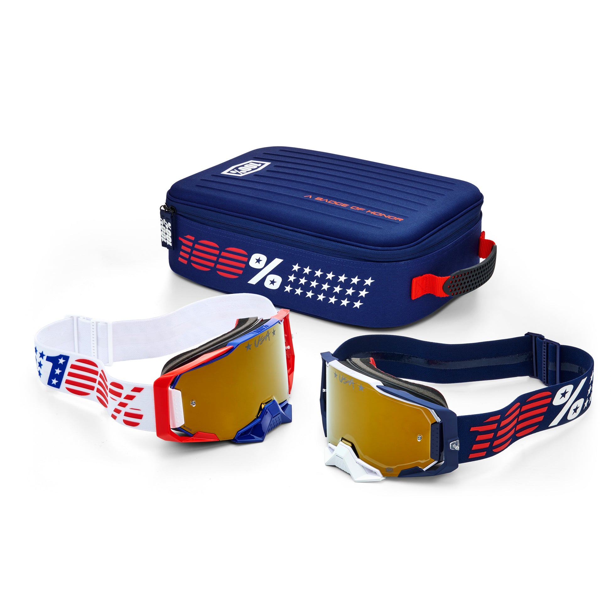 100-Percent Dual Armega Patriot Pro Pack White/Navy True Gold Mirror Goggles