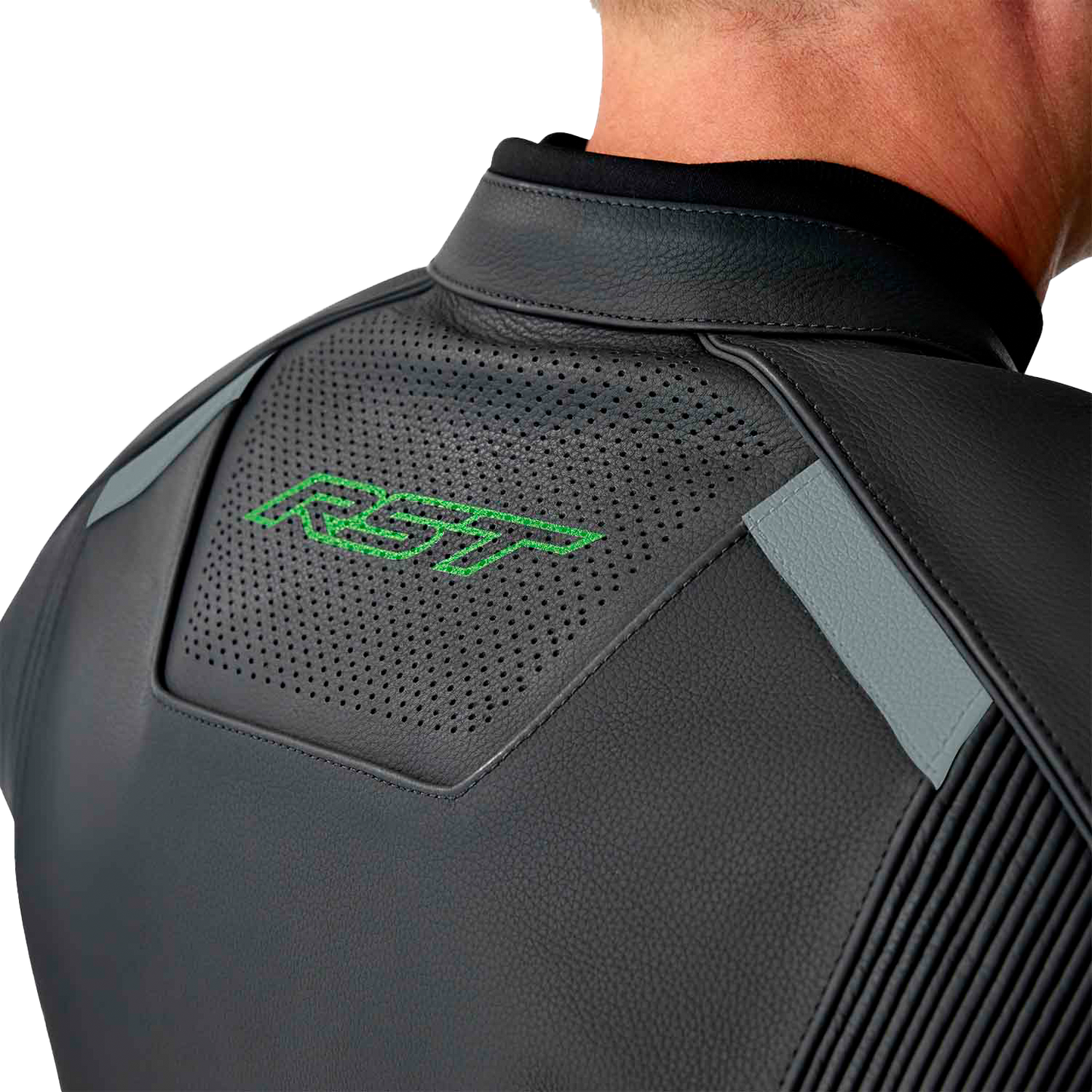 RST S1 D3o Leather Jacket in Black, Gray, and Fluorescent Green - Size Small