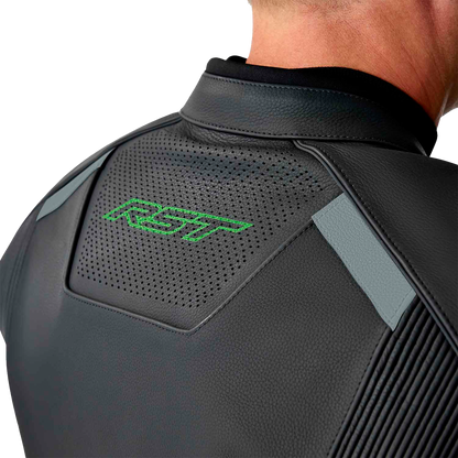 RST S1 D3o Leather Jacket in Black, Gray, and Fluorescent Green - Size Small
