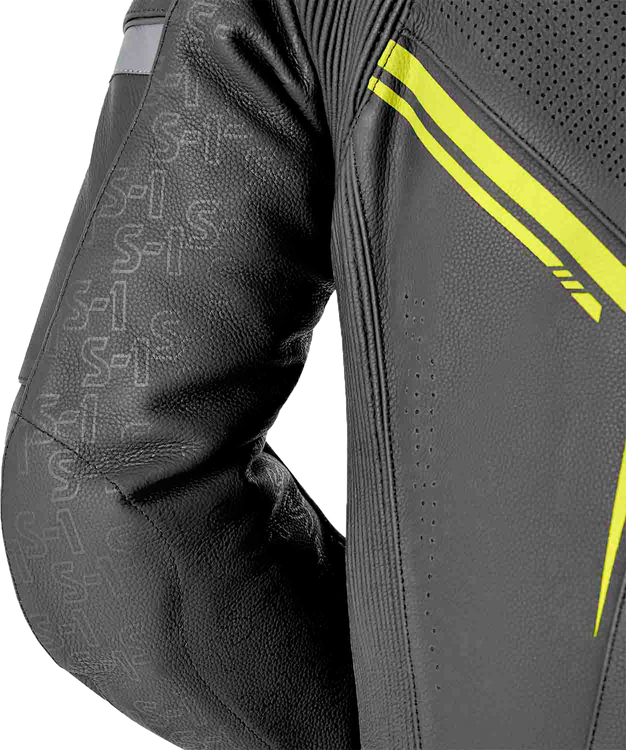 RST S1 D3O Leather Suit with Level 1 Armor - Black, Gray, and Fluorescent Yellow, Size Small
