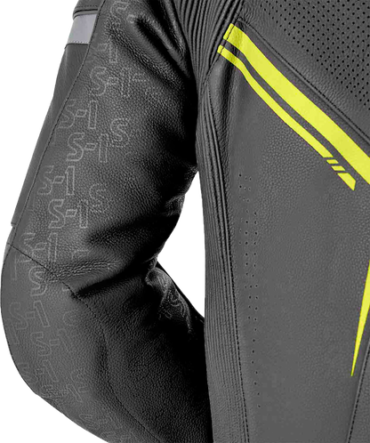 RST S1 D3O Leather Suit with Level 1 Armor - Black, Gray, and Fluorescent Yellow, Size Small