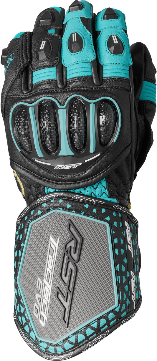 RST Women's Tractech Evo 4 CE Gloves in Black, Aqua, and Grey Leather - Size Small