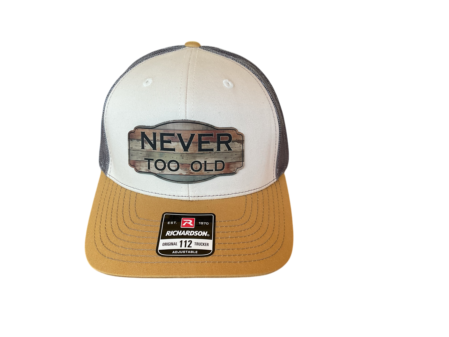Richardson 112 Trucker Hat Never Too Old Mink Grey/Charcoal/Amber Gold
