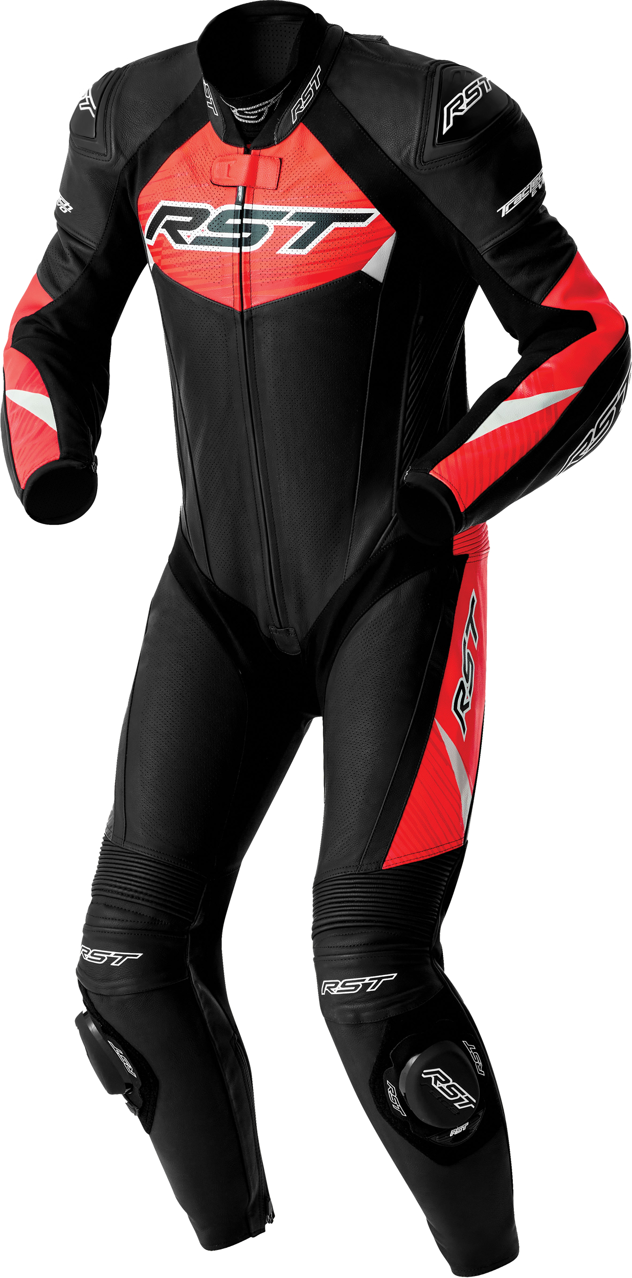 RST Tractech Evo D3o Suit Black and Fluorescent Red Leather Medium (Part #103634F.RED-42)