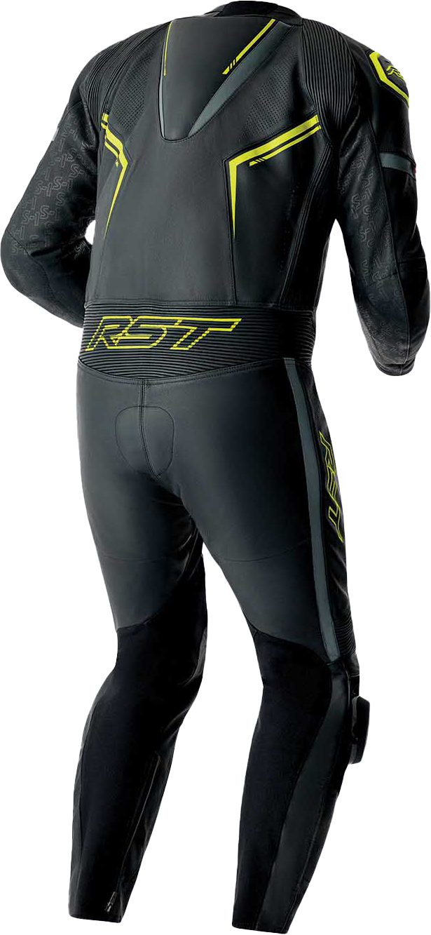 RST S1 D3O Leather Suit with Level 1 Armor - Black, Gray, and Fluorescent Yellow, Size Small