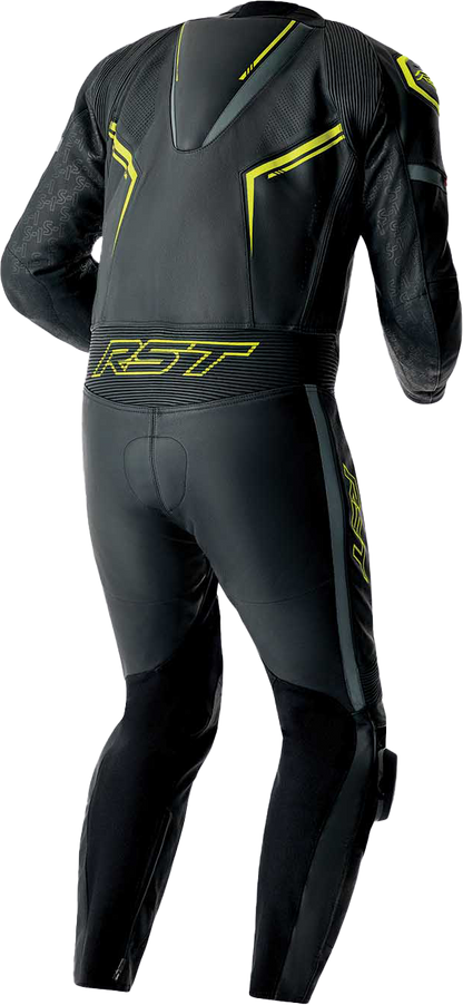 RST S1 D3O Leather Suit with Level 1 Armor - Black, Gray, and Fluorescent Yellow, Size Small