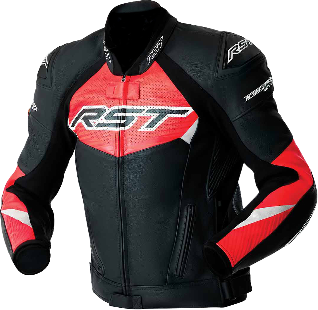 RST Tractech Evo D3O Leather Motorcycle Jacket with CE AAA Certification and Level 2 Armor – Black and Fluorescent Red, Size Small