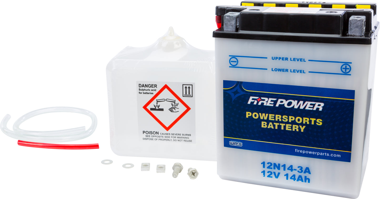 Fire Power 12N14 - 3A 12V Motorcycle Battery with Acid Pack for Kawasaki and Yamaha Models - Kelly Motorsports