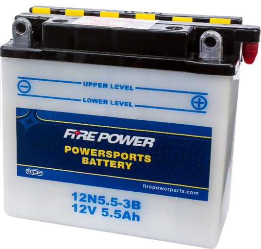 Fire Power 12V Battery with Acid for Yamaha RZ350, XS1, HS1, and AS2C Models - Part 12N5.5 - 3B - Kelly Motorsports