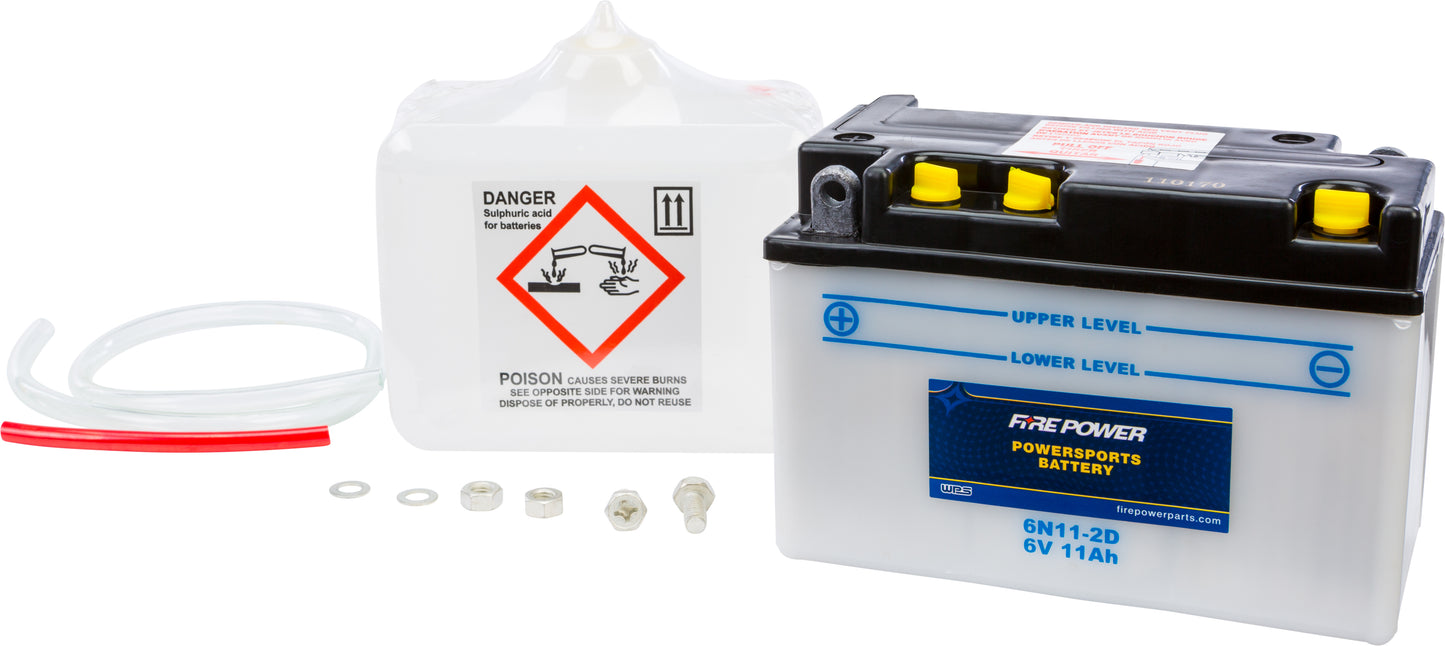 FIRE POWER 6N11 - 2D 6V Motorcycle Battery with Acid for Honda and Yamaha Models - Kelly Motorsports