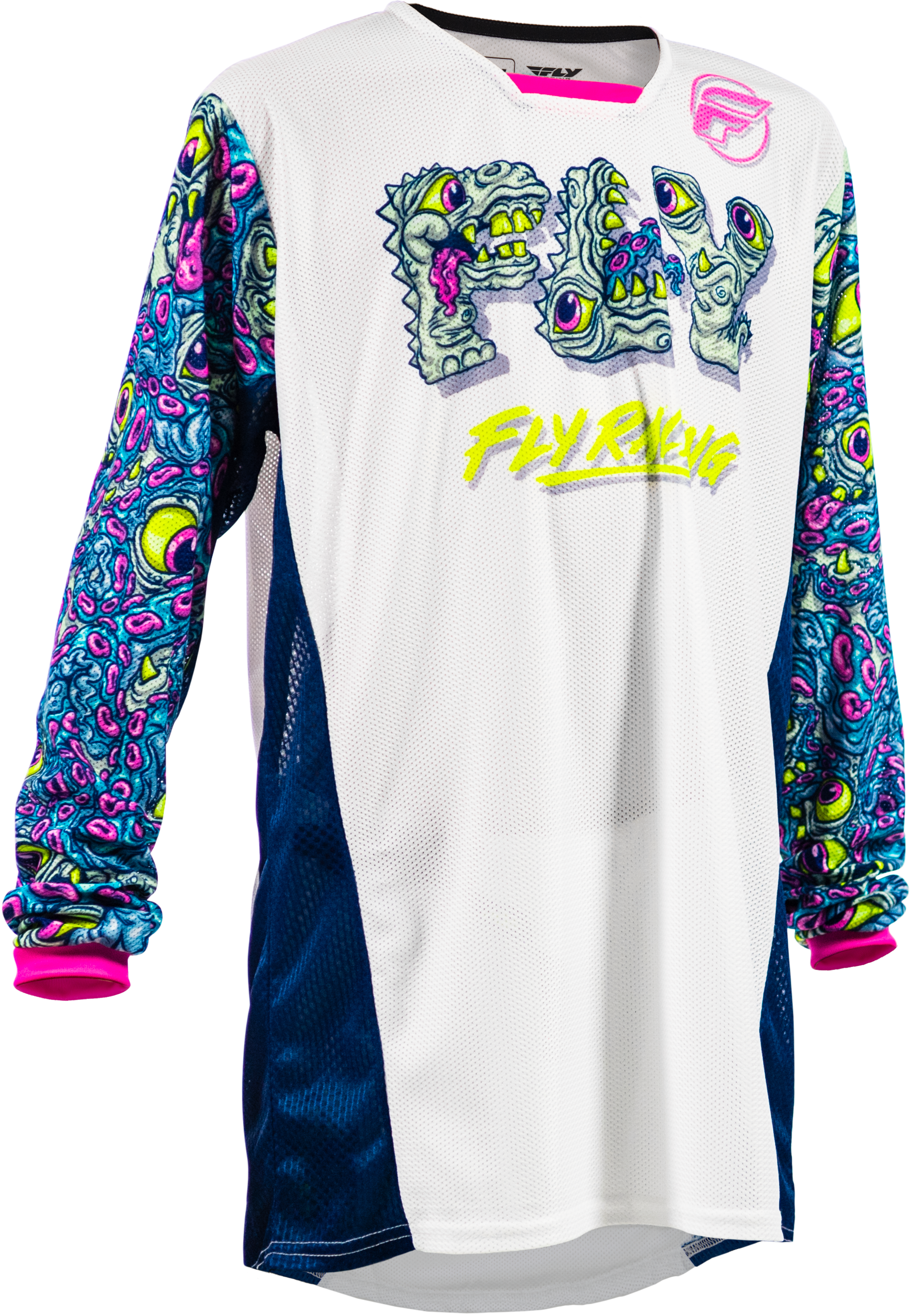 Fly Racing Yth Kinetic Mesh Mutant Jersey White/Blue/Multi YM - Youth Motocross Jersey for Comfort and Performance - Kelly Motorsports