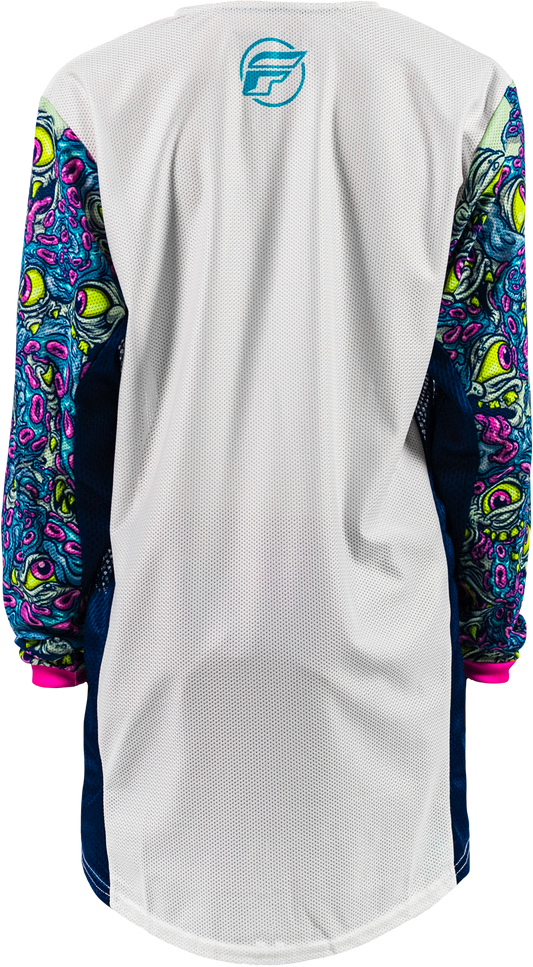 Fly Racing Yth Kinetic Mesh Mutant Jersey White/Blue/Multi YM - Youth Motocross Jersey for Comfort and Performance - Kelly Motorsports