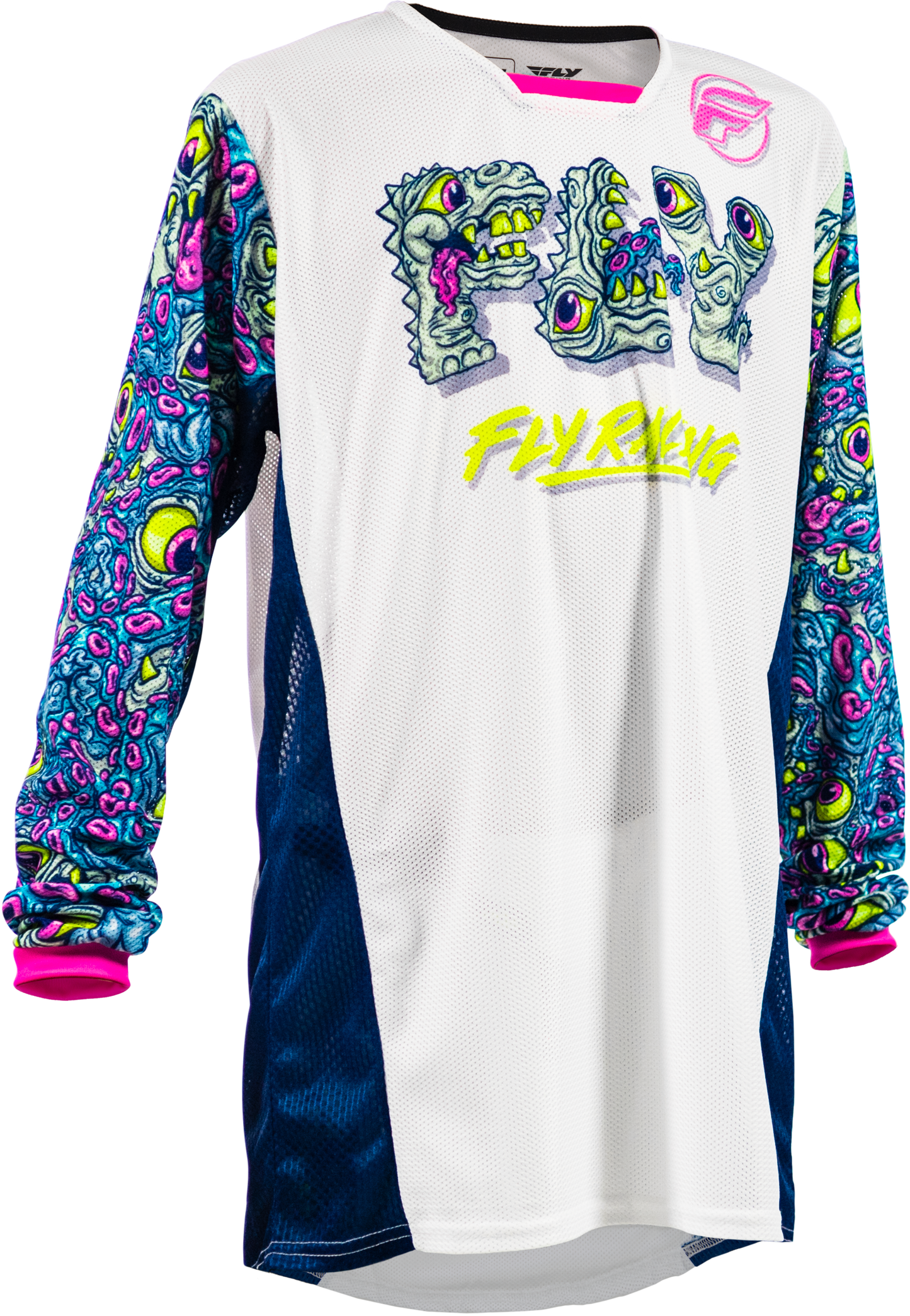 Fly Racing Yth Kinetic Mesh Mutant Jersey White/Blue/Multi YXL - Breathable Youth Motorcycle Jersey - Kelly Motorsports
