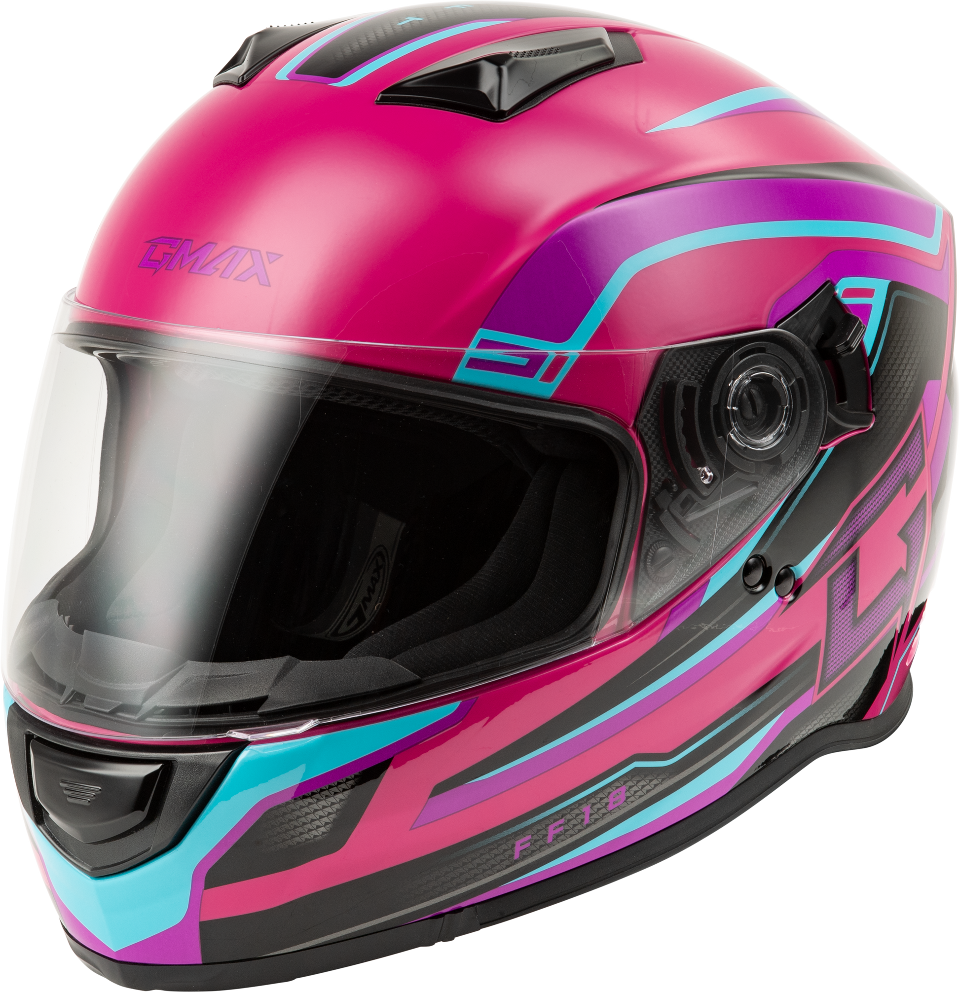 GMAX F11811394 FF 18 Drift Helmet Pink/Blue/Black Small with Sun Shade and Intercom Compatibility - Kelly Motorsports