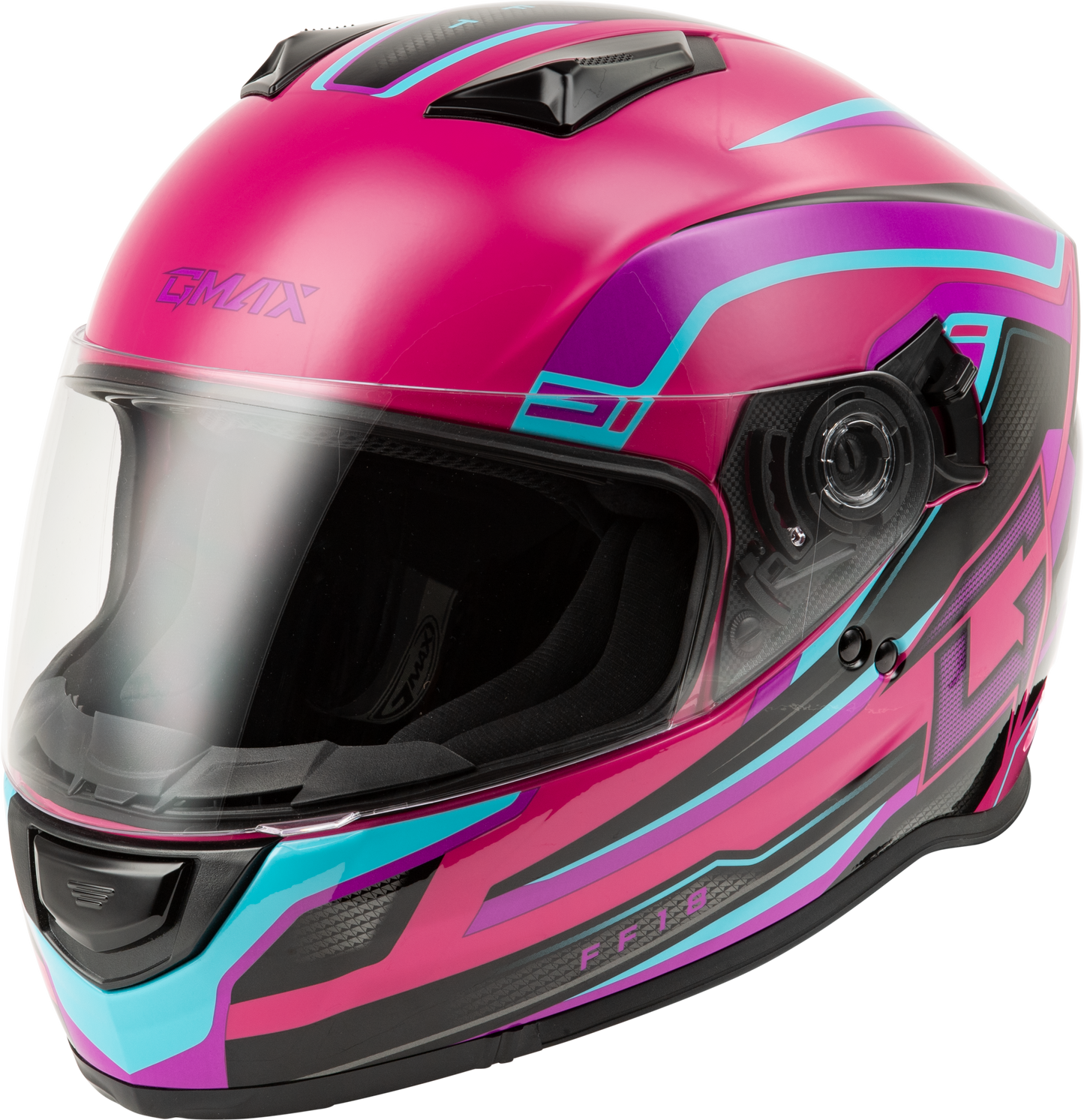 GMAX F11811396 FF 18 Drift Helmet Pink/Blue/Black Large with Sun Shade and Intercom Compatibility - Kelly Motorsports