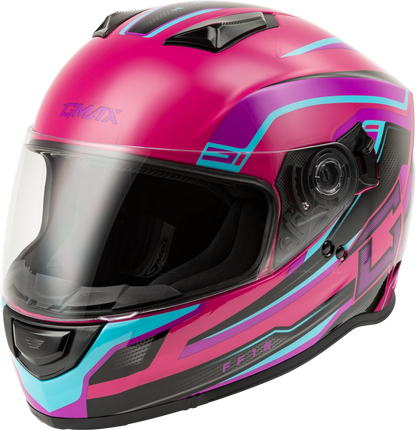 GMAX F11811396 FF 18 Drift Helmet Pink/Blue/Black Large with Sun Shade and Intercom Compatibility - Kelly Motorsports