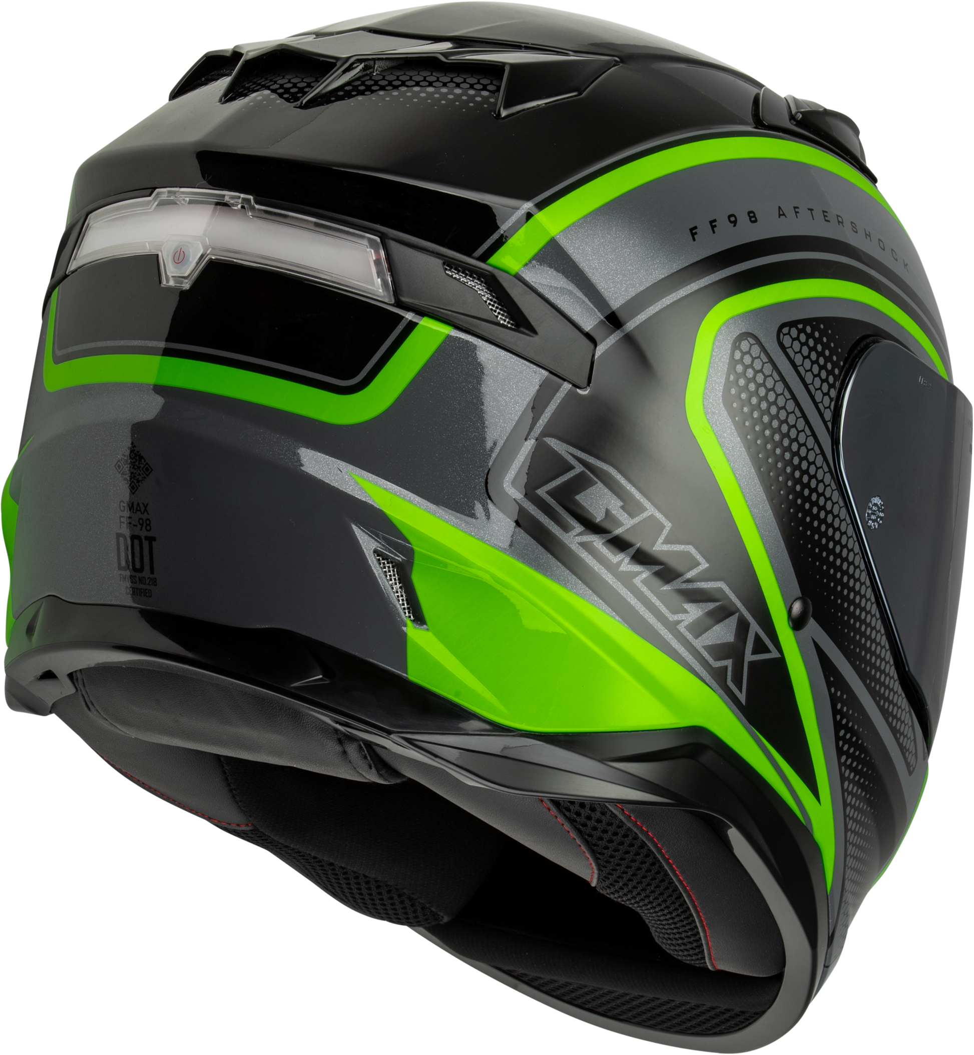 GMAX FF - 98 Aftershock Helmet Grey/Neon Green XS with Integrated LED Rear Light and Quick - Release Face Shield - Kelly Motorsports