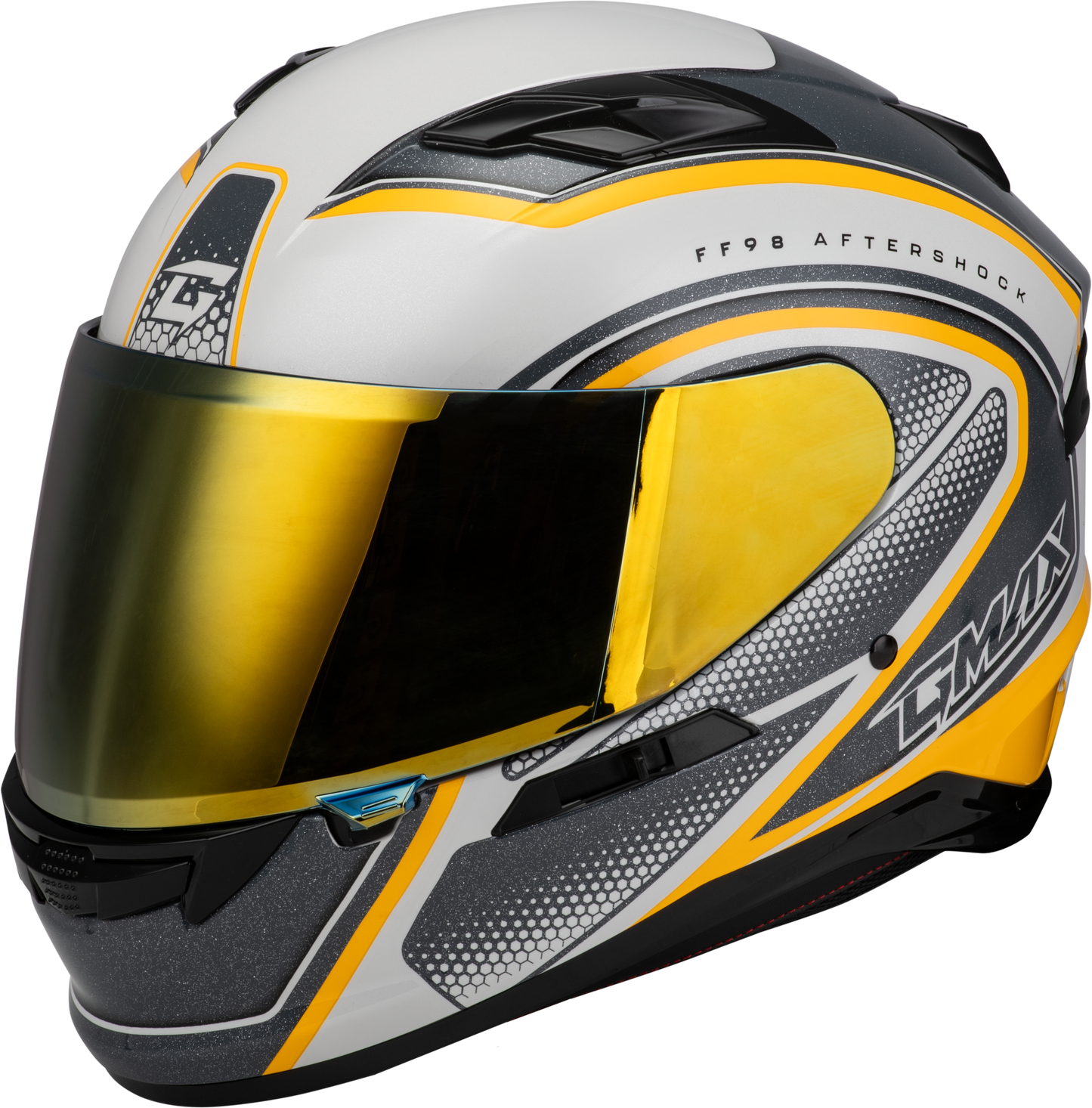 GMAX FF - 98 Aftershock Helmet White/Metallic Silver Small with Integrated LED Rear Light and Quick - Release Shield - Kelly Motorsports
