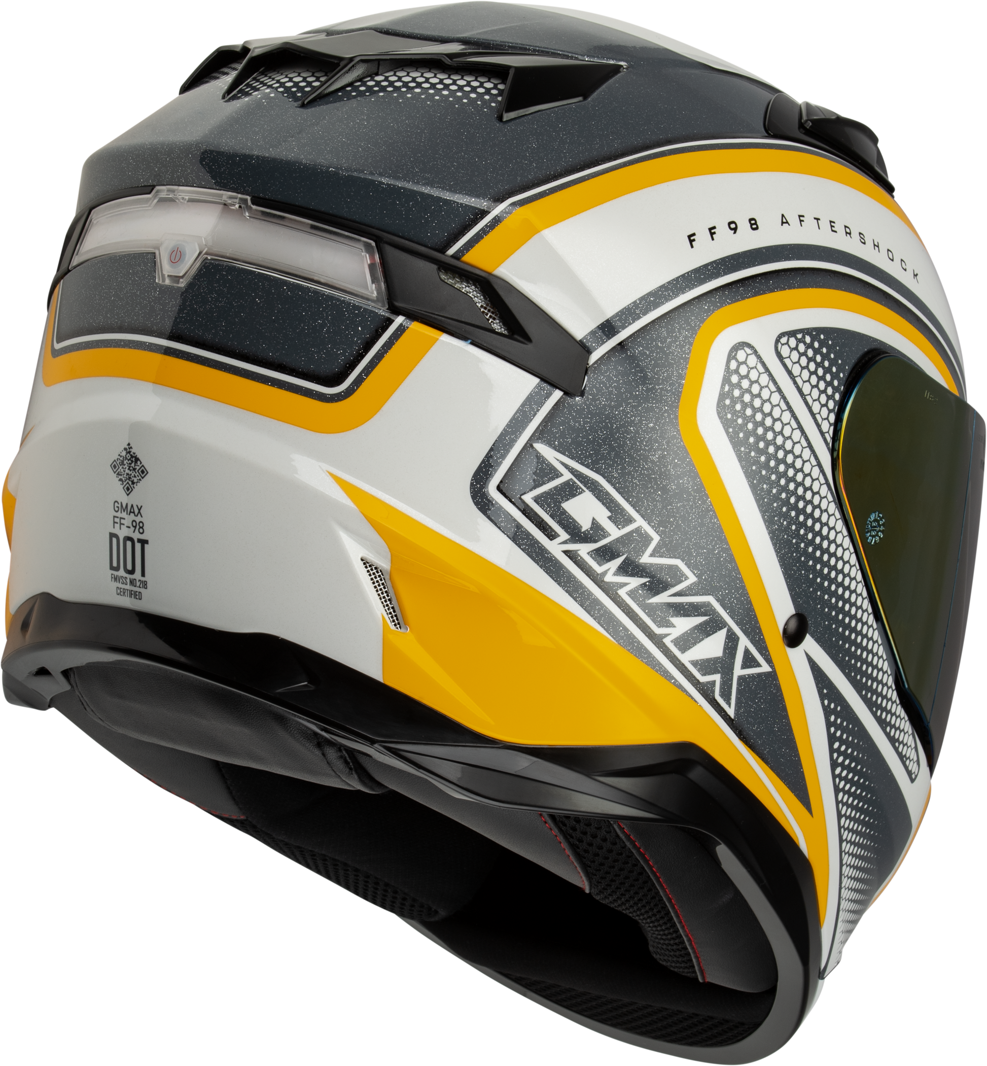 GMAX FF - 98 Aftershock Helmet with LED Rear Light and Quick - Release Shield - White/Metallic Silver - Kelly Motorsports