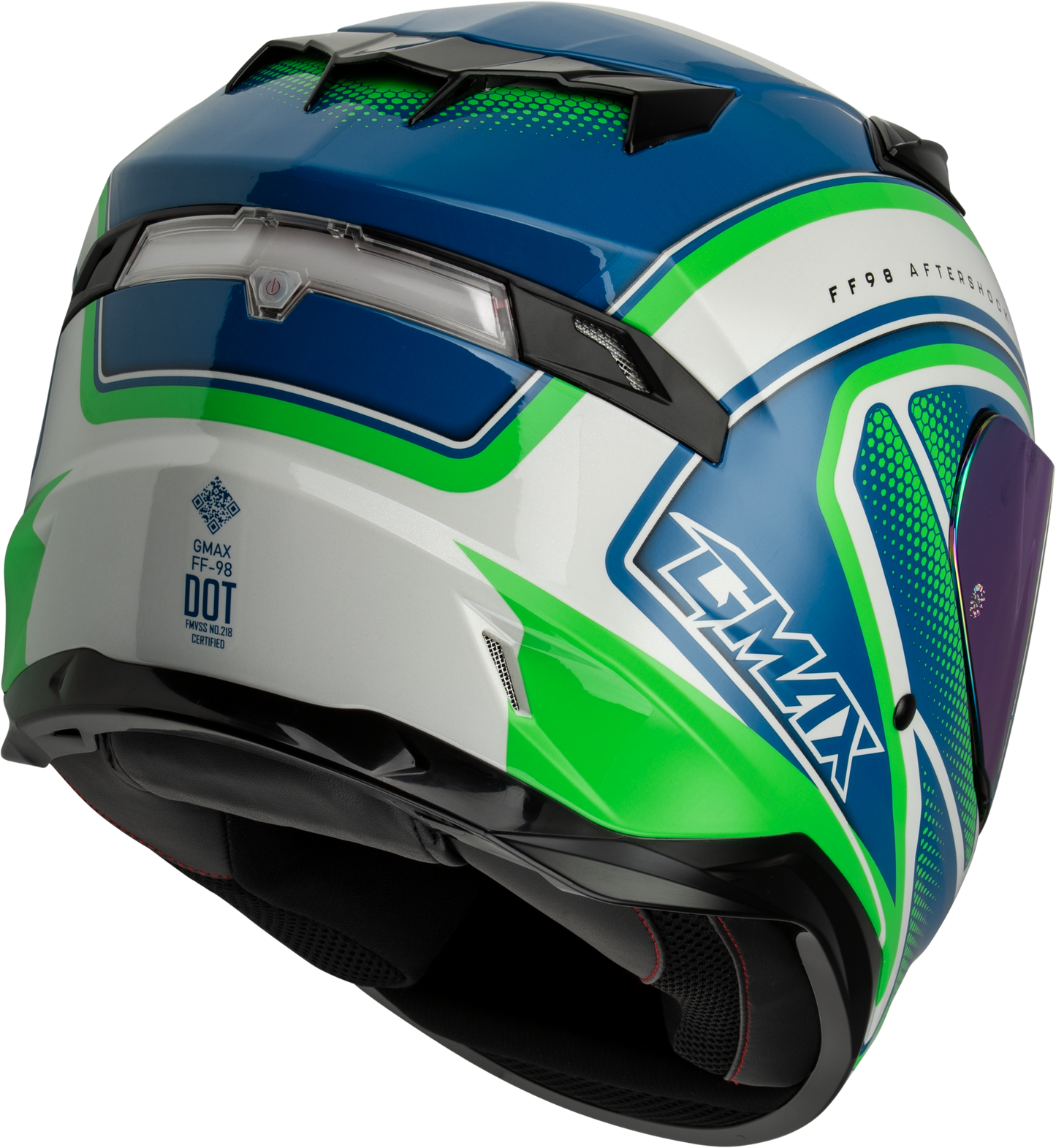 GMAX FF - 98 Aftershock Helmet with LED Rear Light and Quick - Release Shield - White/Neon Green XL - Kelly Motorsports
