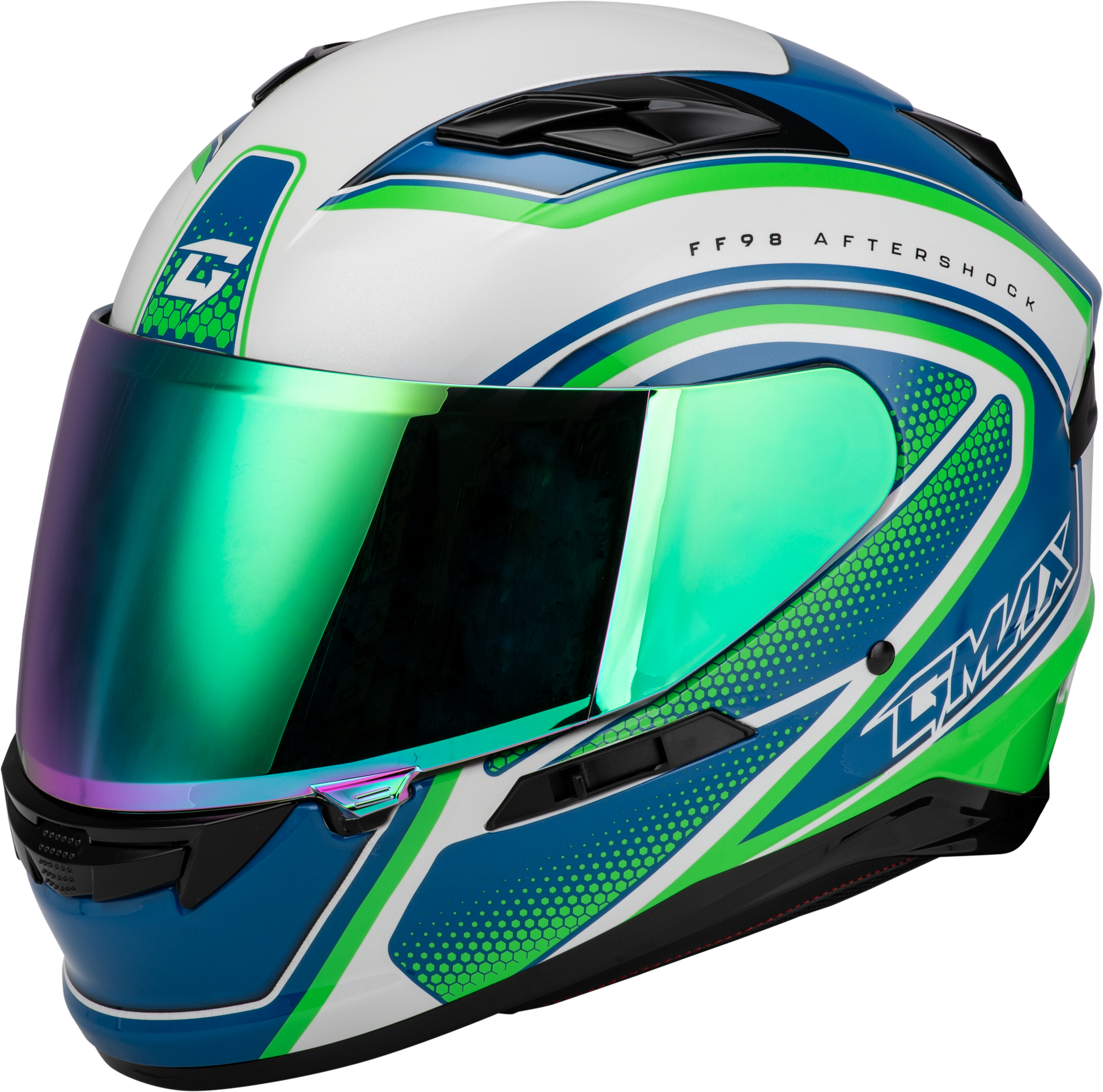 GMAX FF - 98 Aftershock Helmet with LED Rear Light and Quick - Release Shield - White/Neon Green XL - Kelly Motorsports