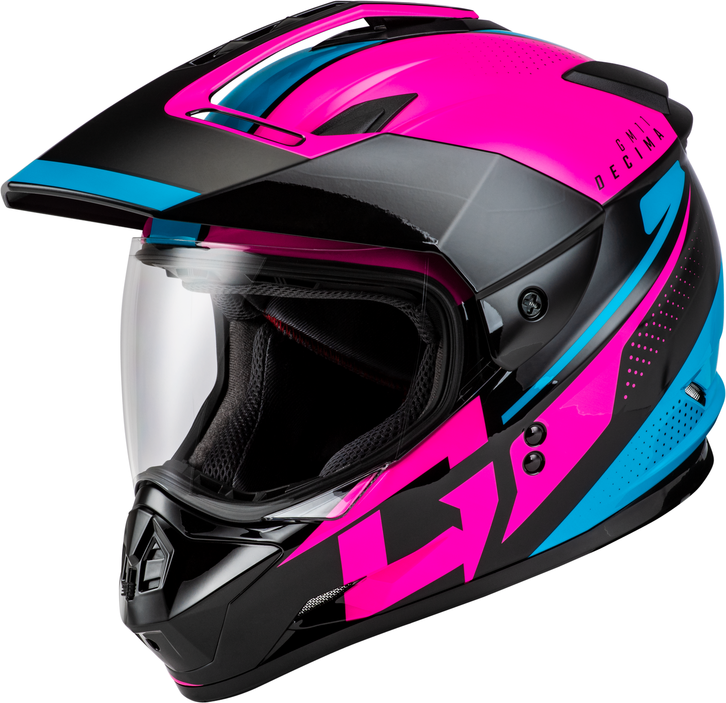 GMAX GM - 11 Decima Helmet Black/Pink/Blue Medium – Versatile Dual Sport Motorcycle Helmet with Sun - Blocking Peak and Advanced Features - Kelly Motorsports