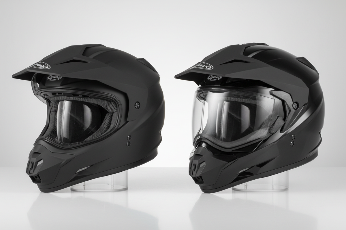 GMAX GM-11 Dual Sport Helmet side-by-side hero on light background