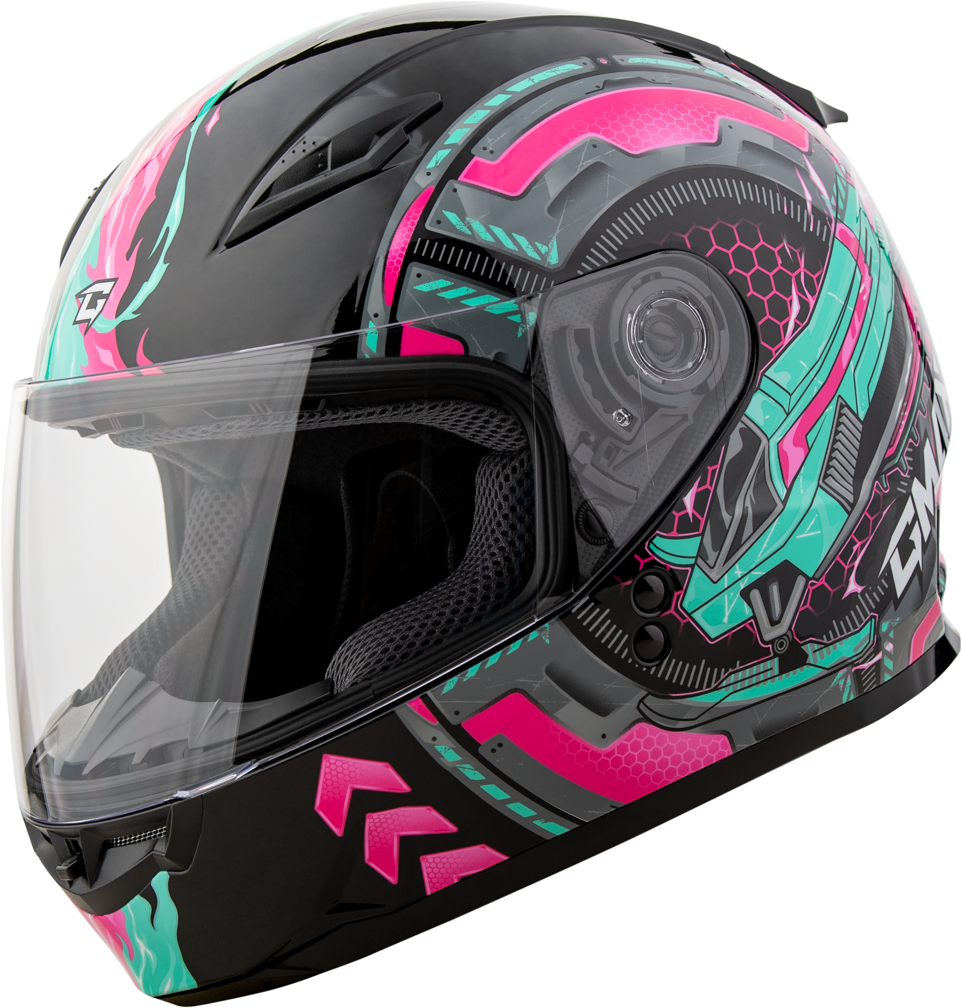 GMAX GM - 49Y Kids Motorcycle Helmet with Adjustable Interior - Black/Pink/Aqua - Kelly Motorsports
