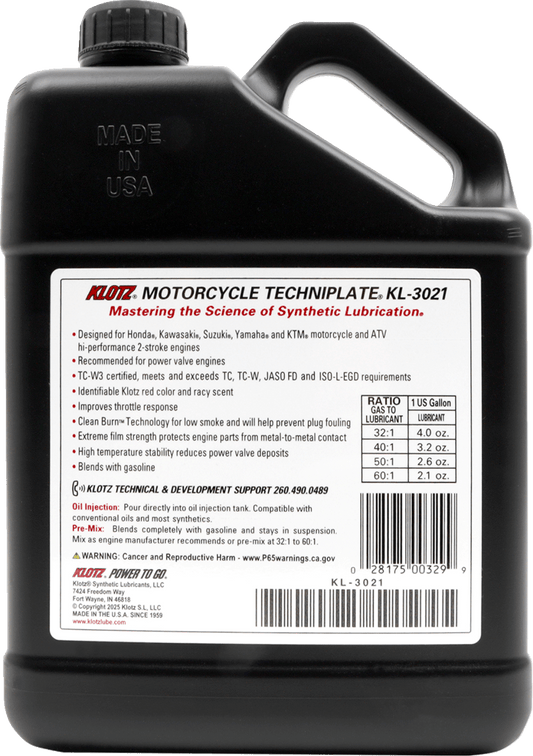 Klotz Oil TC-W 3® 2-Stroke Engine Oil – 1 Gallon, KL-3021, for Off-Road Motorcycles and Powersports Vehicles - Kelly Motorsports