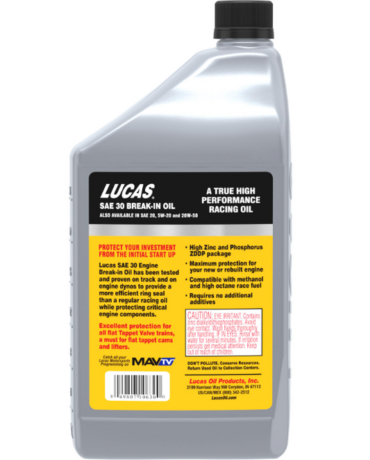 Lucas 10630 Break - In Oil SAE 30 – 1 Quart (6 Pack) for Flat Tappet and Roller Camshafts - Kelly Motorsports