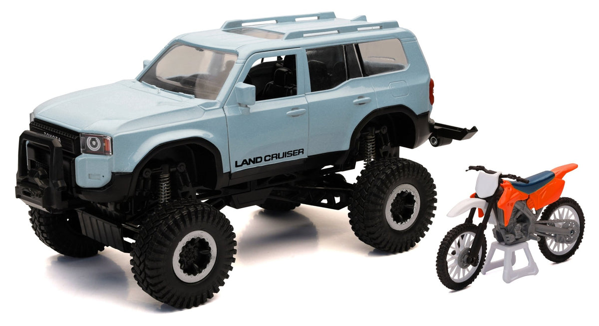 New-Ray 1:18 Scale Toyota Land Cruiser with Orange Race Bike Die-Cast Replica Set - Kelly Motorsports