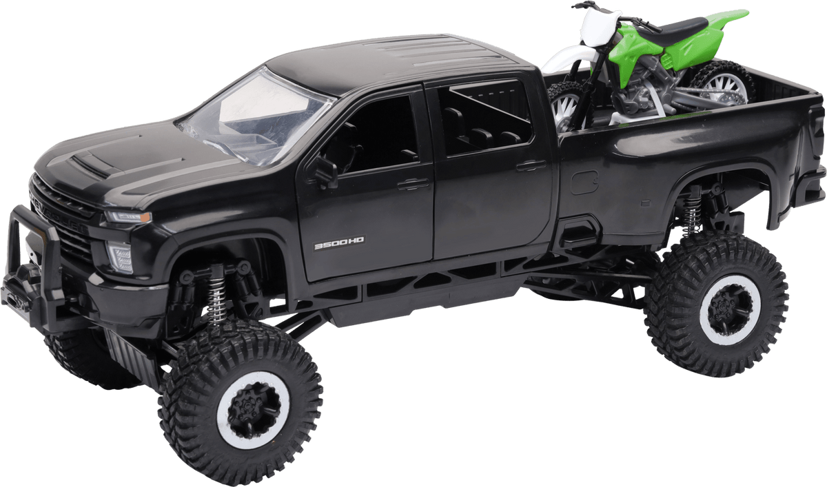 New-Ray 1:20 Scale Chevrolet 3500 HD Off-Road Pickup Die-Cast Replica with Green Dirt Bike - Kelly Motorsports