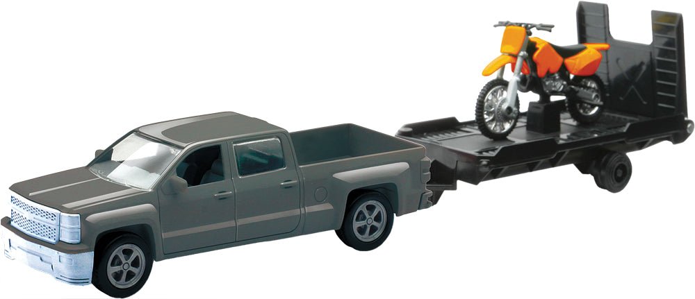 New-Ray 1:43 Scale Chevy Truck, Trailer & Motorcycle Die-Cast Replica Set - Silver/Orange - Kelly Motorsports